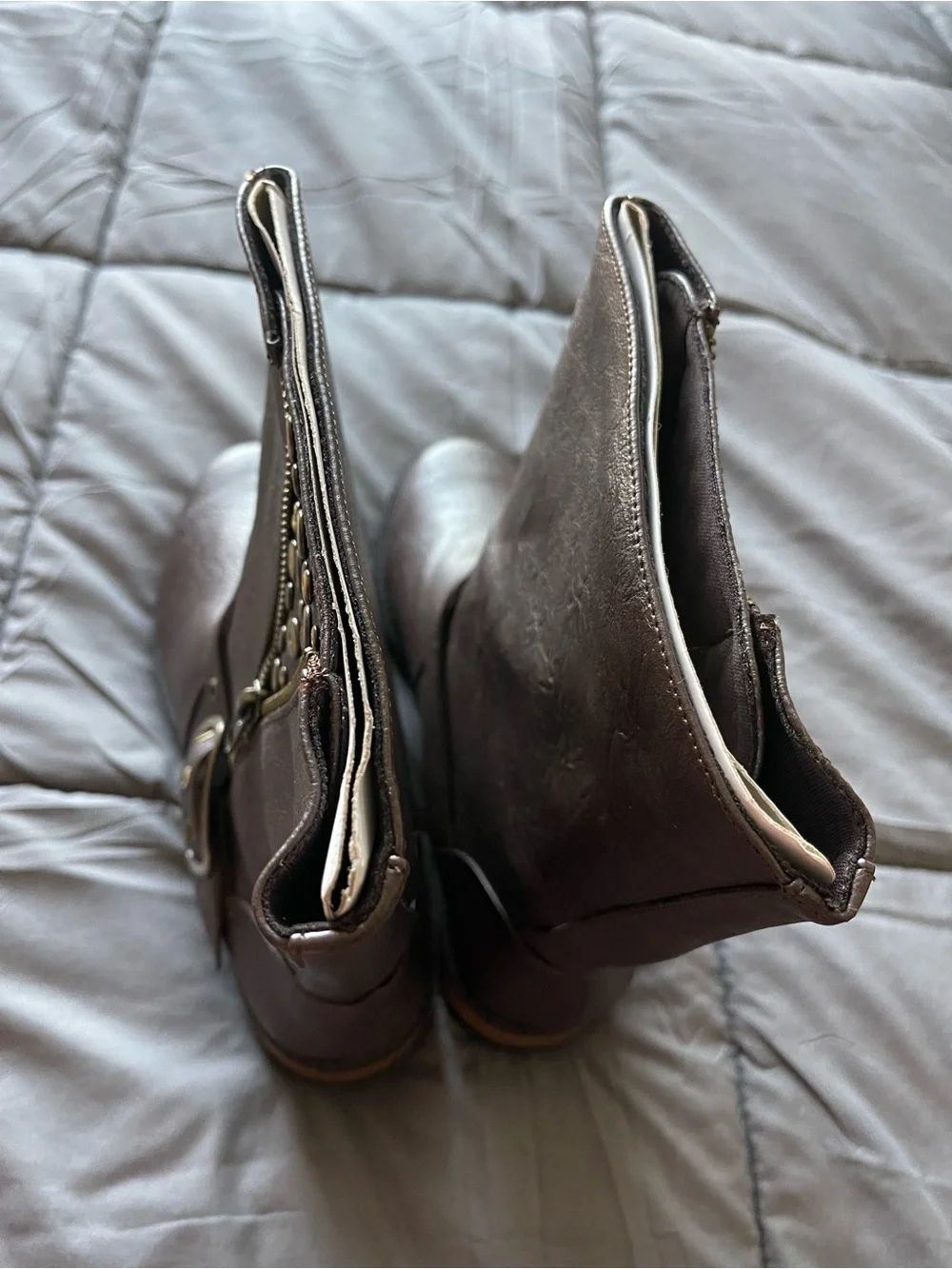 Brown Mid-Calf Buckle Boots with Stud Detail
